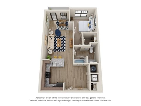 Floor plan for 1 bed, 1 bath, 749 sqft